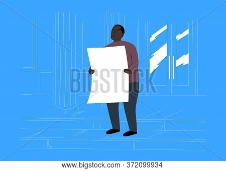 Cartoon Black Man Protesting With White Cardboard. Protester Standing In Front Of A Public Building 