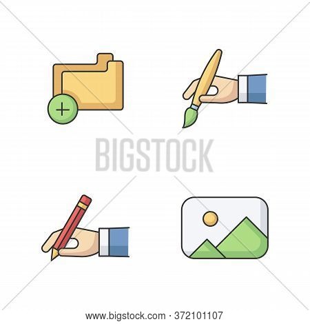 Artist Work Elements Rgb Color Icons Set. Empty Computer Folder. Add File To Pc Archive. Hand With P