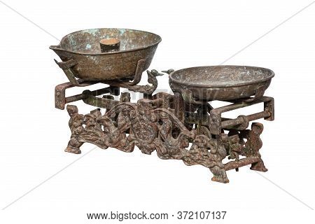 Ancient Old Scale. Old Scales With Cups Isolated On White Background