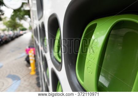 Taipei city, Taiwan - June 14th, 2020: charging station for battery packs of Taiwan-based Gogoro electronic motocycle at street in Taipei, Taiwan, Asia