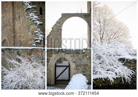 Abstract Wihter European Architecture Collage. Romanesque Church Of St. Mary And St. Georg In German