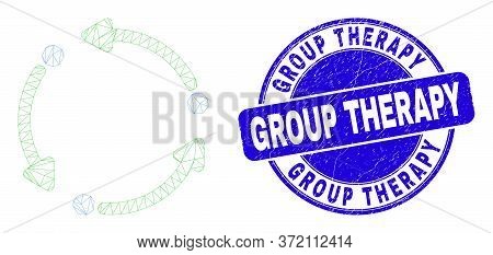 Web Mesh Rotation Arrows Pictogram And Group Therapy Stamp. Blue Vector Round Scratched Seal Stamp W