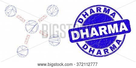 Web Mesh Connections Icon And Dharma Watermark. Blue Vector Rounded Distress Watermark With Dharma P