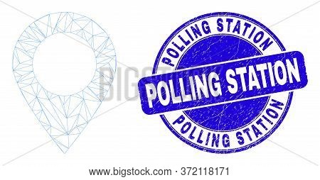 Web Mesh Map Marker Pictogram And Polling Station Watermark. Blue Vector Round Textured Stamp With P