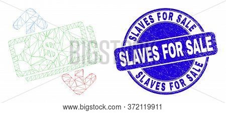 Web Carcass Banknotes Exchange Arrows Pictogram And Slaves For Sale Watermark. Blue Vector Round Tex