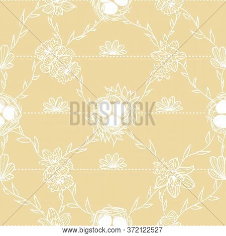 White Daffodils, Nests, Dots Seamless Pattern Print Yellow Background. Surface Pattern Design. Great