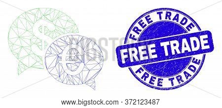 Web Mesh Financial Chat Pictogram And Free Trade Watermark. Blue Vector Round Grunge Watermark With 