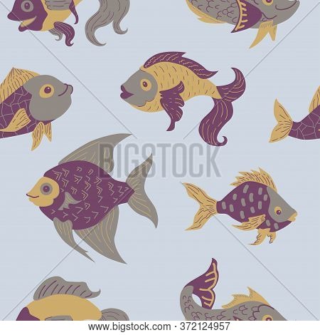 Seamless Pattern Of Freshwater Aquarium Cartoon Fishes. Vector Illustration In Sketch Style. Design 