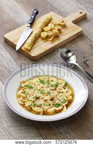 austrian and south germany sliced pancake soup, frittatensuppe, pfannkuchensuppe