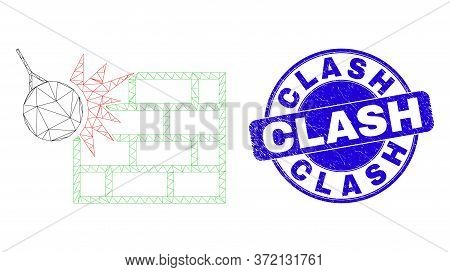 Web Mesh Crush The Wall Icon And Clash Stamp. Blue Vector Rounded Scratched Seal With Clash Title. A