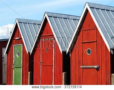 Beautiful Red Fishing Huts On The Coast Faaborg Denmark
