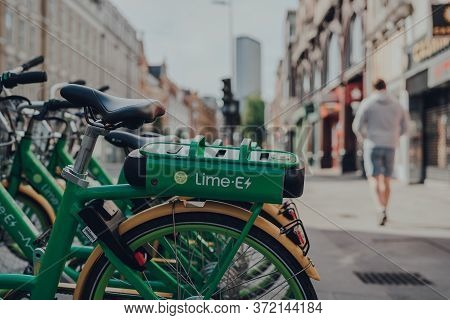 London, Uk - June 13, 2020: Dockless Lime E Electric Bike On A Street In London, Selective Focus. Bi