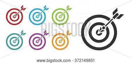 Black Target With Arrow Icon Isolated On White Background. Dart Board Sign. Archery Board Icon. Dart