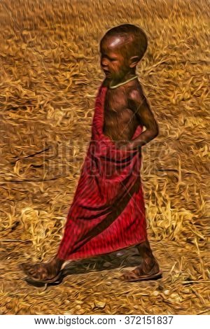 Serengeti, Tanzania - February 7, 1997. Maasai Child Wearing Typical Clothes In The Serengeti. A Nat