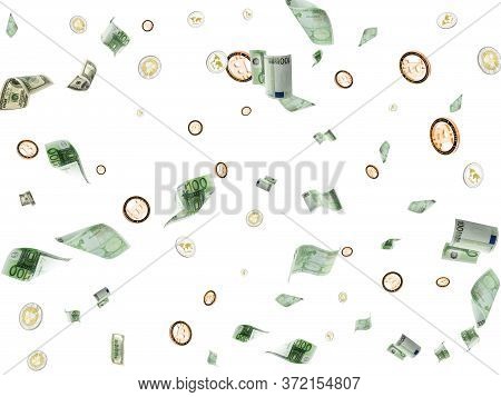 Hundred Dollar Bill. Falling Euro Money, Bitcoin Isolated Background. American Cryptocash