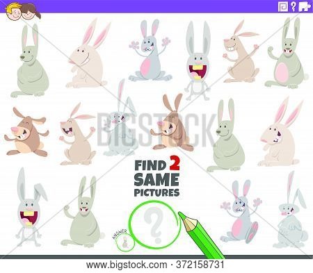 Cartoon Illustration Of Finding Two Same Pictures Educational Task For Children With Funny Rabbits W