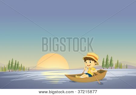 소년과 보트는 아름 다운 자연 속에서의 그림