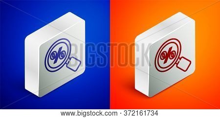 Isometric Line Magnifying Glass With Percent Icon Isolated On Blue And Orange Background. Discount O