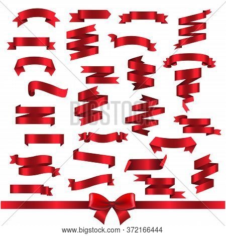 Silk Red Ribbons Isolated White Background With Gradient Mesh, Vector Illustration