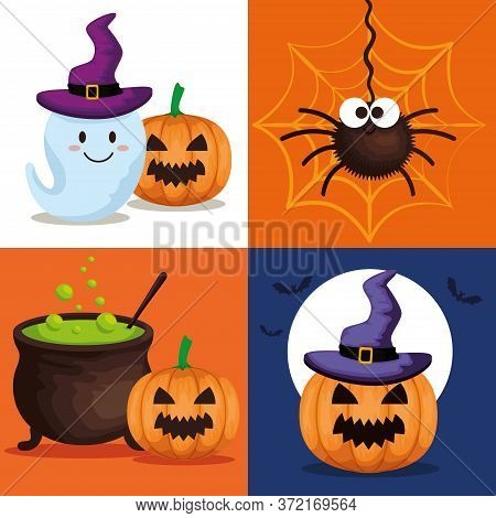 Happy Halloween Card With Set Icons Vector Illustration Design