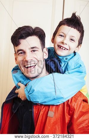 Faher And Son Together Having Fun At Home, Lifestyle Happy Family, People At Home