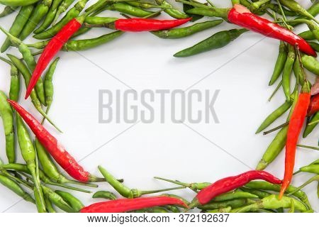 Flat Lay Red Hot Chillii Peppers Pattern Isolated On White With Clipping Path. Red Spicy Chili Peppe