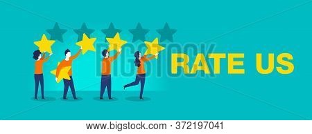 Rate Us Banner -  Small People Leave 5 Stars Positive Feedback - Creative Isolated Illustration