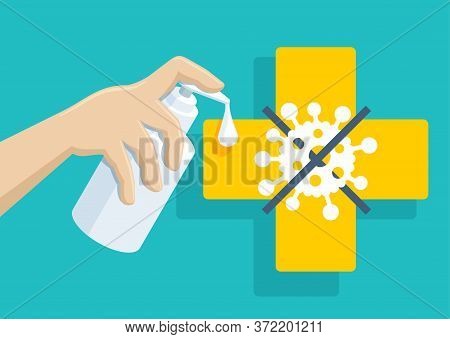 Antiseptic Antibacterial Liquid (gel) - Hand Holding Sanitizer Bottle I With Crossed Out Bacterial V