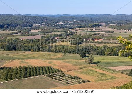 View Of Fields And Meadows In The Dordogne Valley From The Walls Of The Old Town Of Domme, Dordogne,