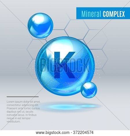 Mineral K Kalium Blue Shining Pill Capsule Icon . Mineral Vitamin Complex With Chemical Formula . Sh