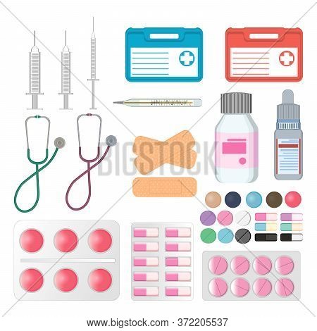 First Aid Kit Medical Tools And Medicaments. First Aid Kit Box With Medical Equipment And Medication