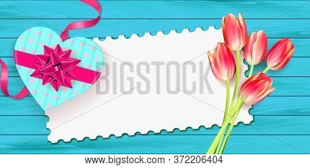 Pink Tulip Bouquet And Blank Greeting Card. Top View Over Wooden Blue Table With Gift Box In Heart S
