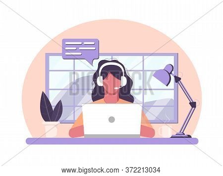 Vector Home Work Concept On Isolated White Background. A Girl In Headphones Sits At A Table And Work