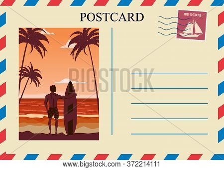 Postacrd Summer Vintage Surfer Beach Ocean. Vacation Travel Design Card With Postage Stamp. Vector I