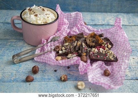 Kraft Chocolate With Different Tastes And Aromatic Coffee On The Table