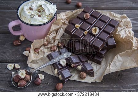 Kraft Chocolate With Different Tastes And Aromatic Coffee On The Table