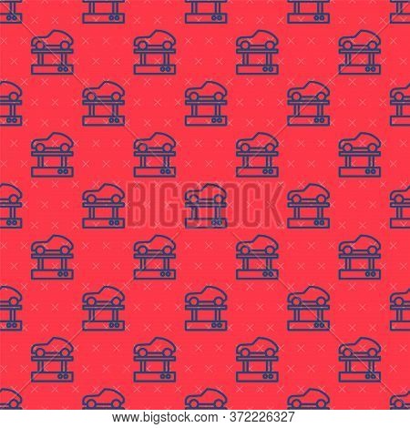 Blue Line Repair Car On A Lift Icon Isolated Seamless Pattern On Red Background. Repair Of The Under