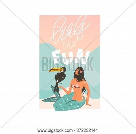 Hand Drawn Vector Abstract Stock Flat Graphic Illustration With Young Happy , Beauty Woman Mermaind 