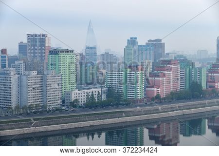 Pyongyang, North Korea -  April 30, 2019: Skyline And Taedong River In The Morning Fog. View On Mode