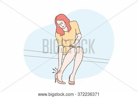 Pain, Business, Healthcare, Desease Concept. Young Unhappy Businesswoman Clerk Manager Cartoon Chara