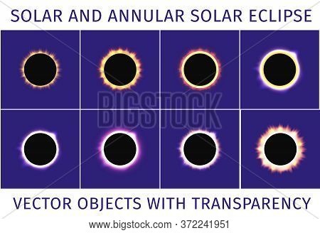 Total And Annular Solar Eclipse. Set Of Different Eclipses With Transparency On A Dark Blue Backgrou