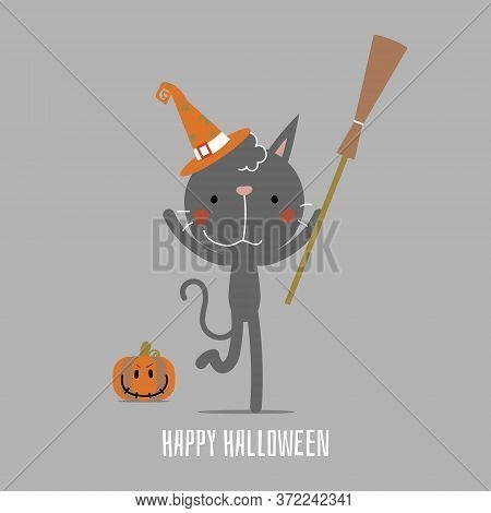 Happy Halloween Holiday Festival With Cat Holding Broom And Pumpkin, Flat Vector Illustration Cartoo
