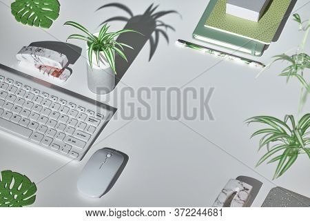 Concept Background With Modern Office Supplies In White, Mint Green And Marble. Isometric Projection
