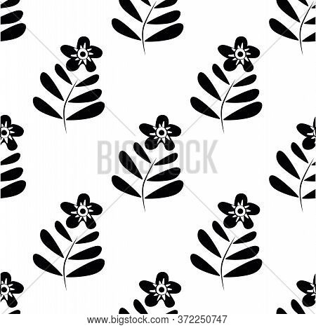 Black And White Wild Meadow Flower Seamless Vector Pattern Background. Hand Drawn Florals With Stem 