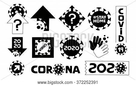 Set Of Handmade Coronavirus Icons In Black On White Background