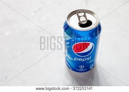 Moscow, Russia - June 17, 2020: Above View Of Open Can Of Pepsi With Logo Of Uefa Champions League O