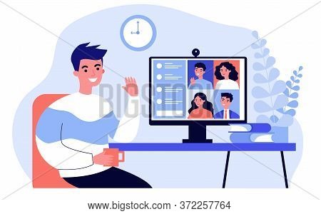 Worker Using Computer For Collective Virtual Meeting And Group Video Conference. Man At Desktop Chat