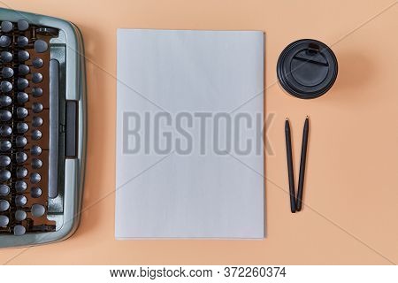 Author Workplace. Authorship. Journalism. Writing New Book. Vintage Typewriter Or Sheet, Paper Cup A