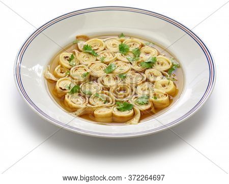 austrian and south germany sliced pancake soup, frittatensuppe, pfannkuchensuppe