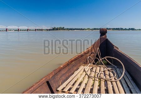 Boat Crossing Irrawady Ayeyarwady River In Sagaing Near Mandalay, Myanmar